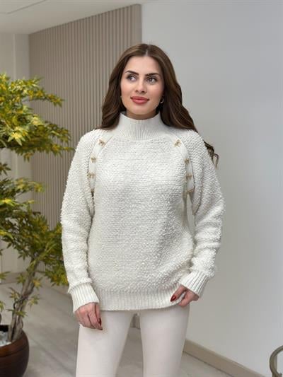 Dik Yaka Teddy Gold Fiyonklu Kazak Krem