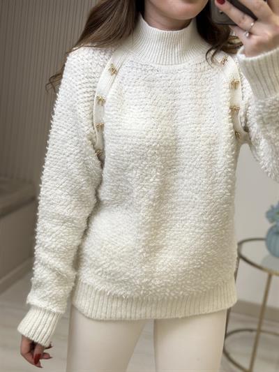 Dik Yaka Teddy Gold Fiyonklu Kazak Krem