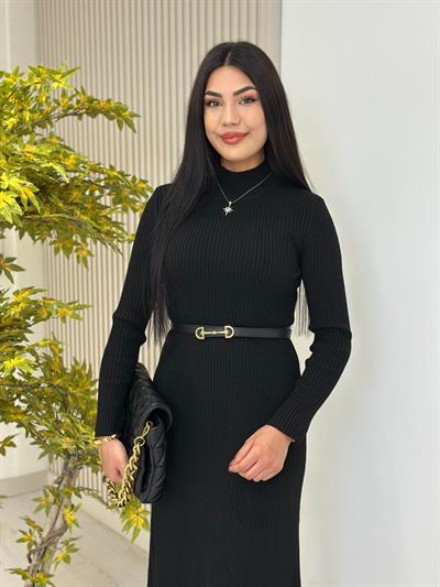 Dik Yaka Triko Elbise Siyah