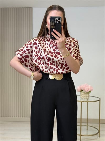 Dik Yakalı Pamuk Saten Leopar Desen Bluz Bordo