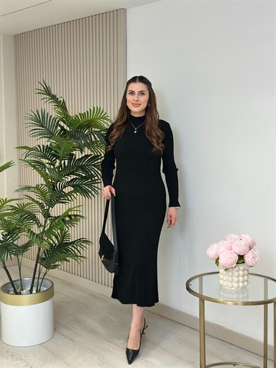 Dik Yakalı Triko Elbise Siyah
