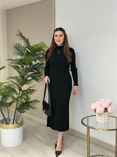 Dik Yakalı Triko Elbise Siyah