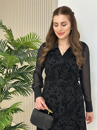 Double Atlas Kumaş Flok Baskılı Elbise Siyah