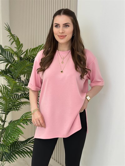 Double Kol Yanları Yırtmaçlı Tok Dokulu Modal Kumaş Tshirt Pembe