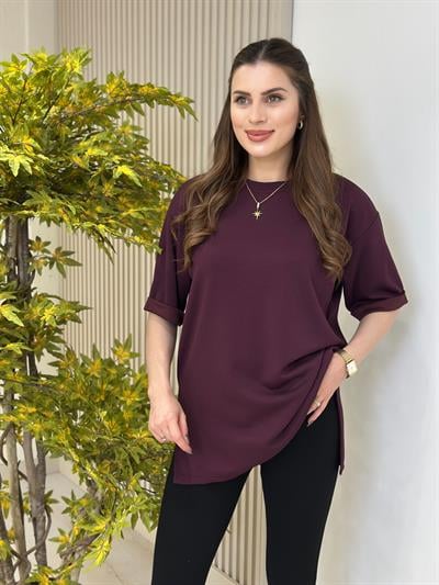 Double Kol Yanları Yırtmaçlı Tok Dokulu Modal Kumaş Tshirt Mürdüm