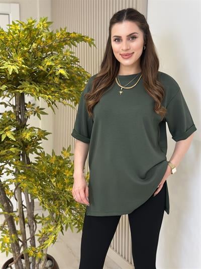 Double Kol Yanları Yırtmaçlı Tok Dokulu Modal Kumaş Tshirt Haki