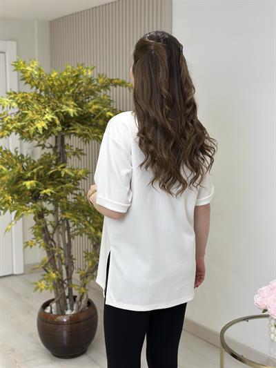 Double Kol Yanları Yırtmaçlı Tok Dokulu Modal Kumaş Tshirt Beyaz