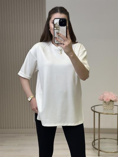 Double Kol Yanları Yırtmaçlı Tok Dokulu Modal Kumaş Tshirt Beyaz
