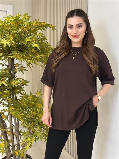 Double Kol Yanları Yırtmaçlı Tok Dokulu Modal Kumaş Tshirt Kahve