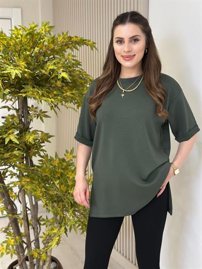 Double Kol Yanları Yırtmaçlı Tok Dokulu Modal Kumaş Tshirt Haki