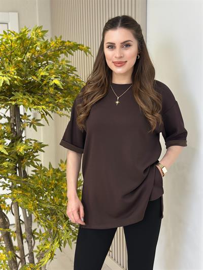 Double Kol Yanları Yırtmaçlı Tok Dokulu Modal Kumaş Tshirt Kahve