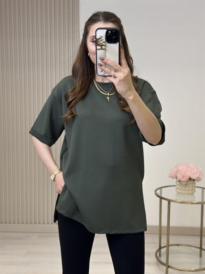 Double Kol Yanları Yırtmaçlı Tok Dokulu Modal Kumaş Tshirt Haki