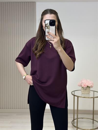 Double Kol Yanları Yırtmaçlı Tok Dokulu Modal Kumaş Tshirt Mürdüm