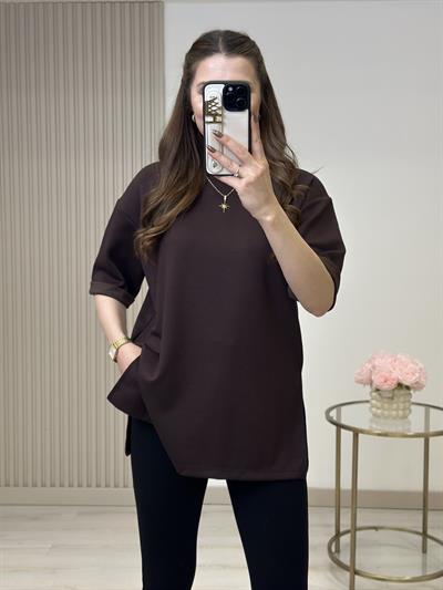 Double Kol Yanları Yırtmaçlı Tok Dokulu Modal Kumaş Tshirt Kahve