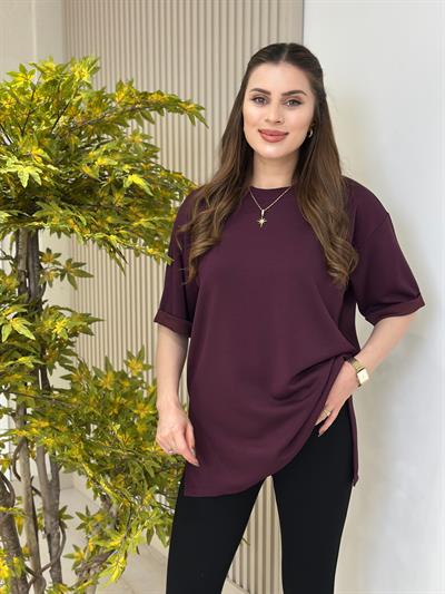 Double Kol Yanları Yırtmaçlı Tok Dokulu Modal Kumaş Tshirt Mürdüm