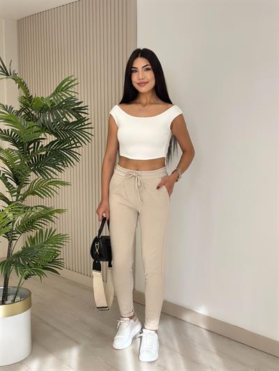 Double Paça Eşofman Altı Bej