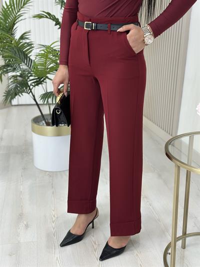 Double Paça Kemerli Kumaş Pantolon Bordo