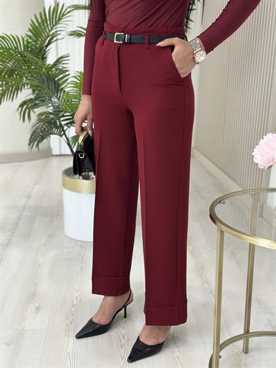 Double Paça Kemerli Kumaş Pantolon Bordo
