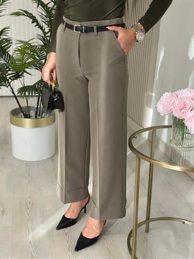 Double Paça Kemerli Kumaş Pantolon Haki Yeşil