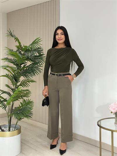 Double Paça Kemerli Kumaş Pantolon Haki Yeşil