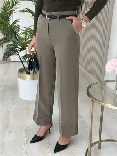 Double Paça Kemerli Kumaş Pantolon Haki Yeşil