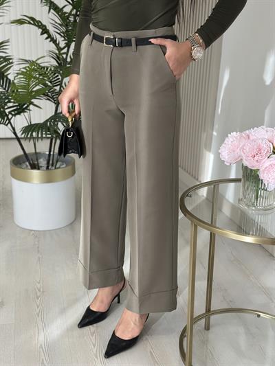 Double Paça Kemerli Kumaş Pantolon Haki Yeşil