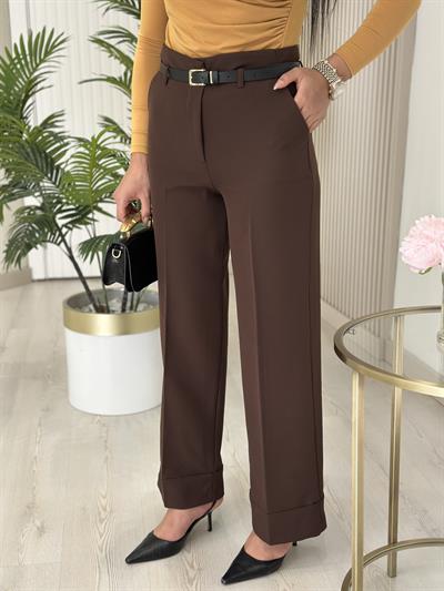 Double Paça Kemerli Kumaş Pantolon Kahve