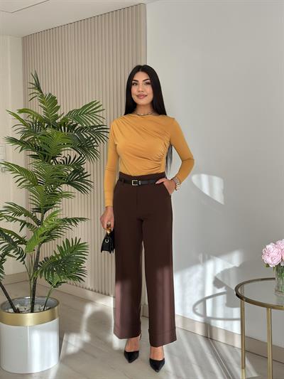 Double Paça Kemerli Kumaş Pantolon Kahve