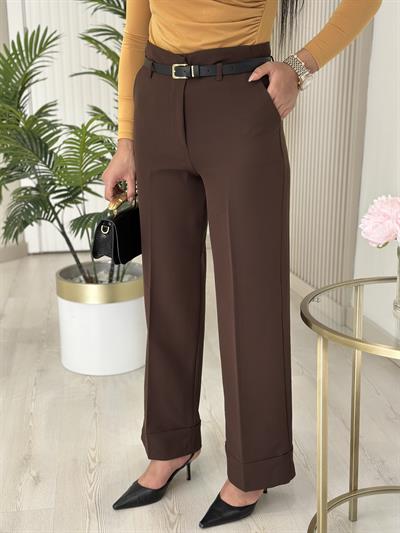 Double Paça Kemerli Kumaş Pantolon Kahve