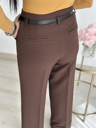 Double Paça Kemerli Kumaş Pantolon Kahve