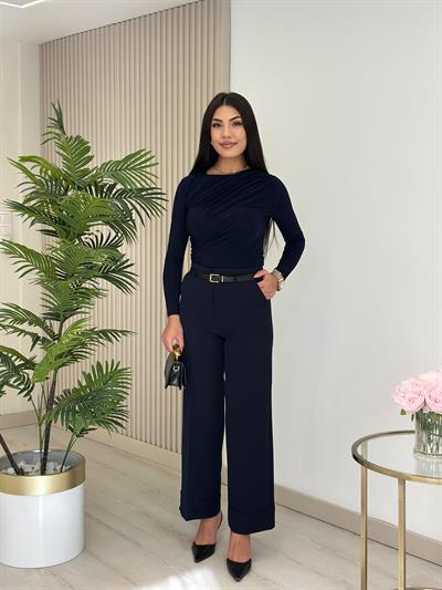 Double Paça Kemerli Kumaş Pantolon Lacivert 