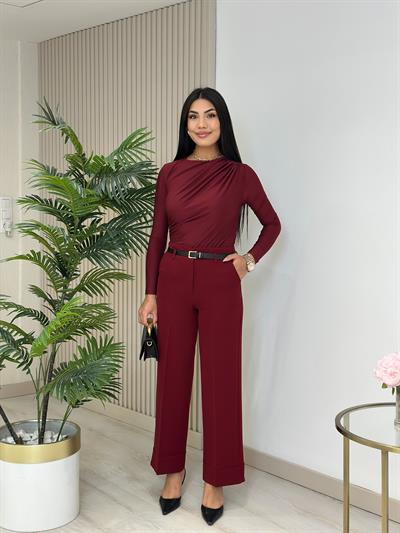 Drapeli Sandy Kumaş Bluz Bordo