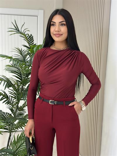 Drapeli Sandy Kumaş Bluz Bordo