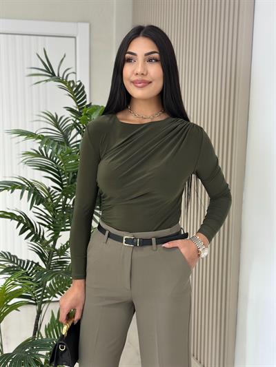 Drapeli Sandy Kumaş Bluz Haki Yeşil