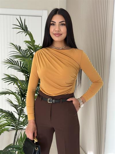 Drapeli Sandy Kumaş Bluz Hardal