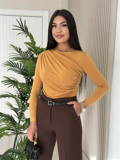 Drapeli Sandy Kumaş Bluz Hardal