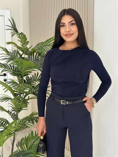 Drapeli Sandy Kumaş Bluz Lacivert 