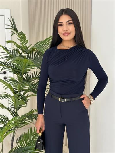 Drapeli Sandy Kumaş Bluz Lacivert 