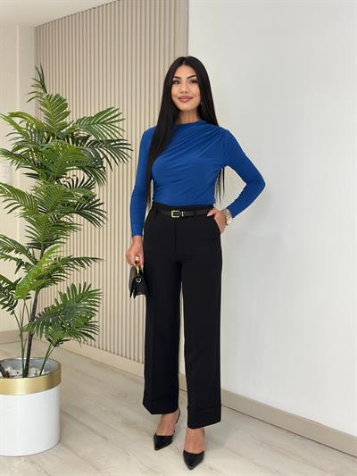 Drapeli Sandy Kumaş Bluz Saks Mavi