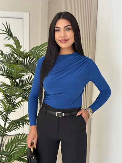 Drapeli Sandy Kumaş Bluz Saks Mavi