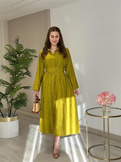 Düğmeli Kemerli Yağ Yeşili Elbise