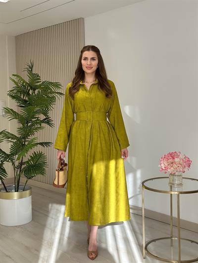 Düğmeli Kemerli Yağ Yeşili Elbise