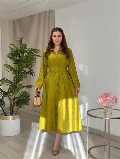 Düğmeli Kemerli Yağ Yeşili Elbise