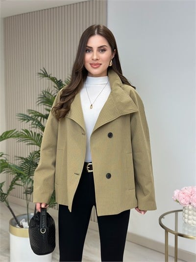 Ekose Dik Yaka Astarlı Ceket olive