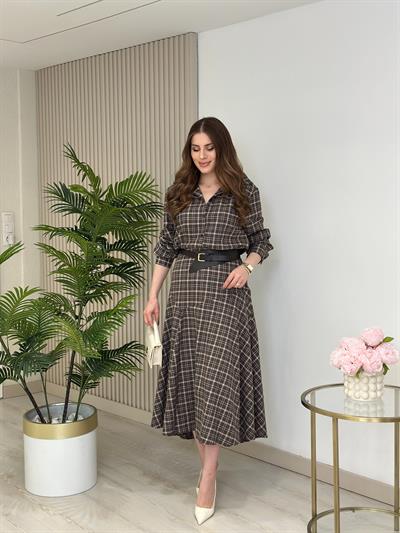 Ekose Kemerli Elbise Kahve