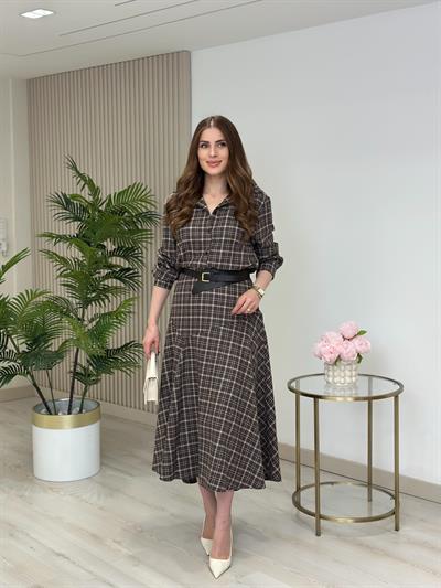 Ekose Kemerli Elbise Kahve