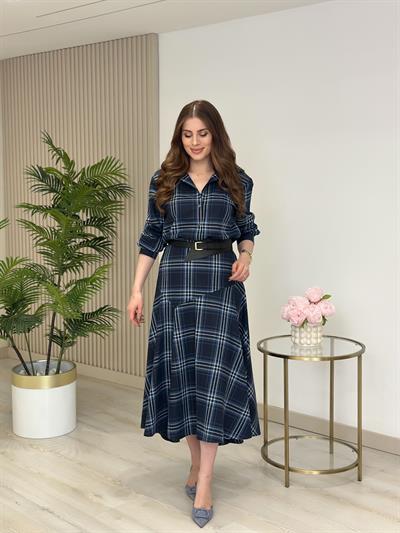 Ekose Kemerli Elbise Mavi