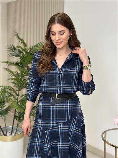 Ekose Kemerli Elbise Mavi