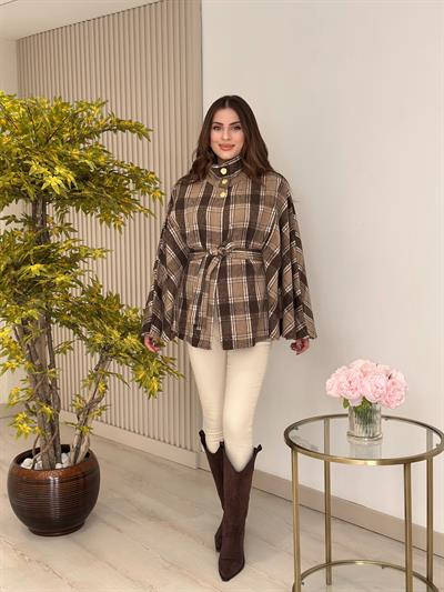 Ekose Yakası Düğmeli Panço Kahve Desenli