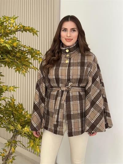 Ekose Yakası Düğmeli Panço Kahve Desenli